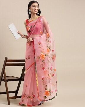 floral print saree with contrast border