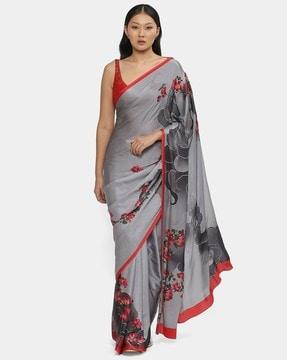 floral print saree with contrast border