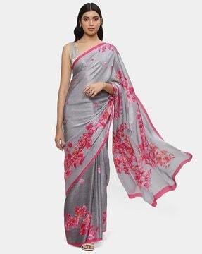 floral print saree with contrast border