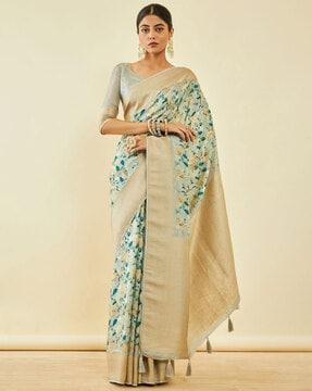 floral print saree with contrast border