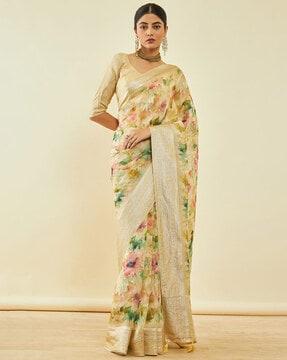 floral print saree with contrast border