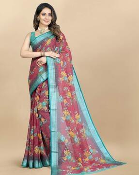 floral print saree with contrast border