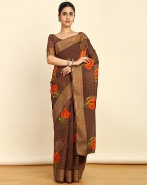 floral print saree with contrast border