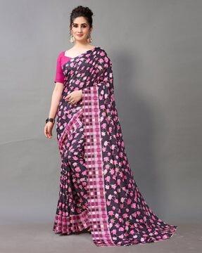 floral print saree with contrast border