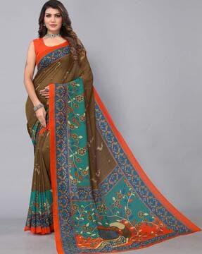 floral print saree with contrast border