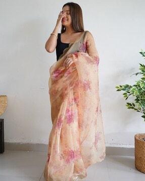 floral print saree with contrast border