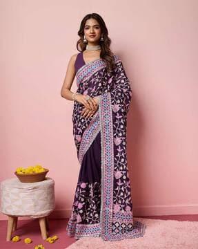 floral print saree with contrast border