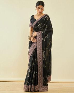 floral print saree with contrast lace border