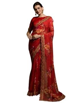 floral print saree with contrast scalloped border
