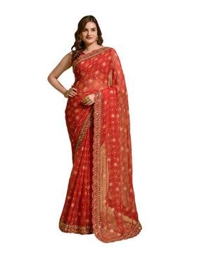 floral print saree with contrast scalloped border