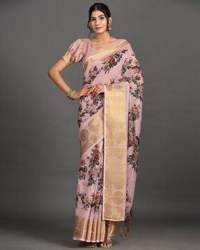 floral print saree with contrast zari border