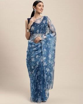 floral print saree with cut-work border