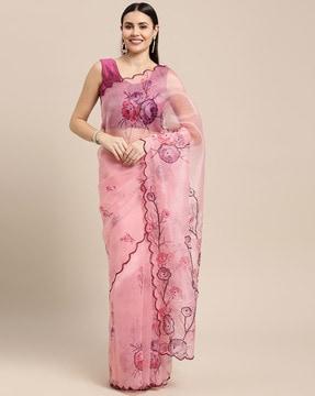 floral print saree with cut-work border