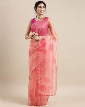 floral print saree with cut-work border