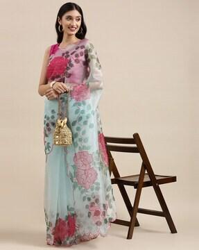 floral print saree with cut-work border