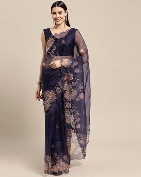 floral print saree with cut-work border