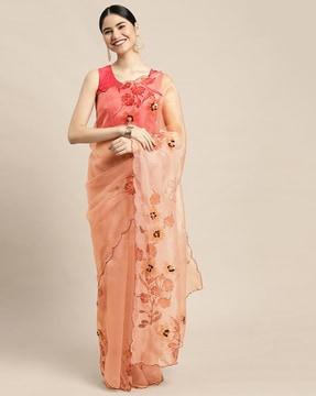 floral print saree with cut-work border