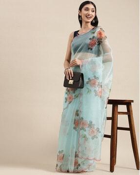 floral print saree with cut-work border