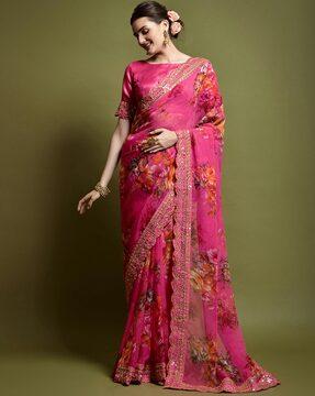 floral print saree with embellished border