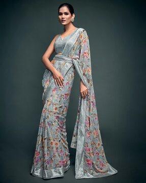 floral print saree with lace border