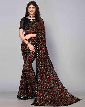 floral print saree with mirror work border