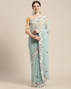 floral print saree with scalloped border