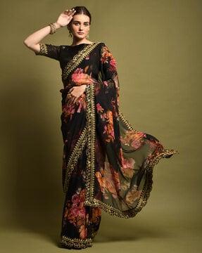 floral print saree with scalloped border