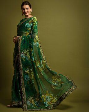 floral print saree with scalloped border