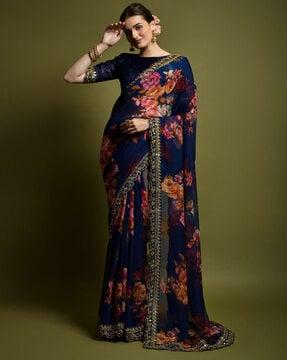 floral print saree with scalloped border