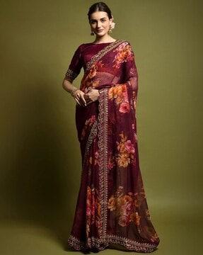 floral print saree with scalloped border
