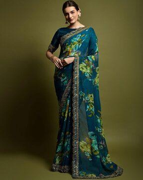 floral print saree with scalloped border