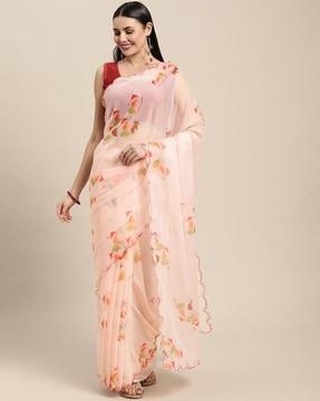 floral print saree with scalloped hem