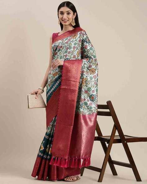 floral print saree with tasseled border