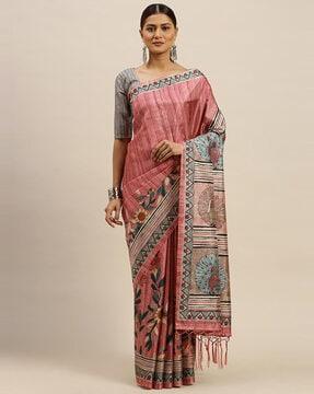 floral print saree with tassels