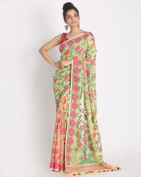 floral print saree with tassels