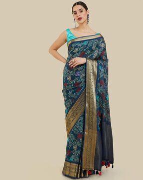 floral print saree with tassels