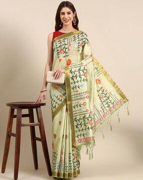 floral print saree with tassels