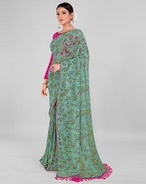 floral print saree with tassels