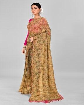 floral print saree with tassels