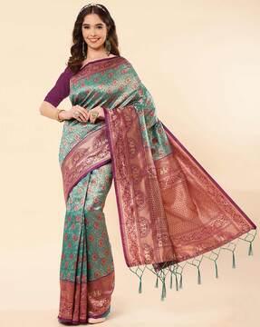 floral print saree with tassels