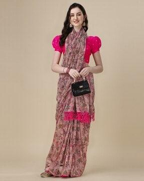 floral print saree with tassels