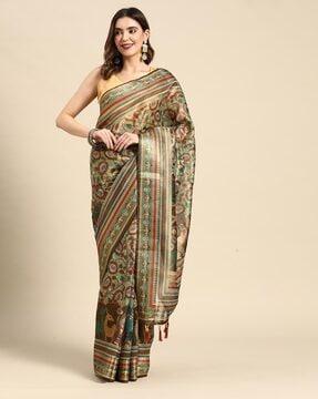 floral print saree with tassels