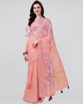 floral print saree with tassels