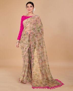 floral print saree with tassels