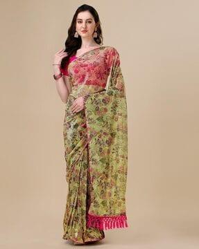 floral print saree with tassels