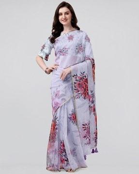 floral print saree with tassels