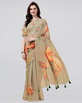 floral print saree with tassels