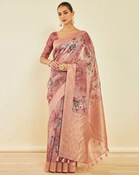 floral print saree with tassels