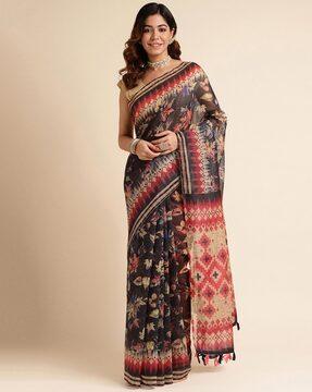 floral print saree with tassels