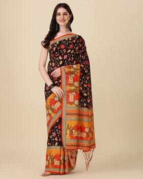 floral print saree with tassels